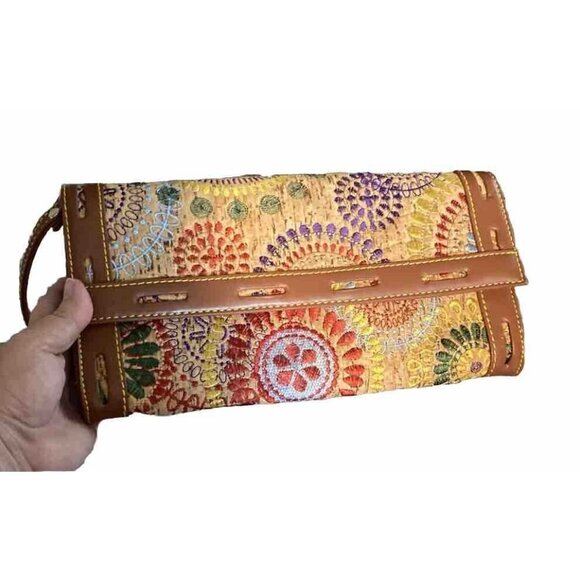 Sondra Roberts Cork Clutch, Bag, Purse Embroidered Detailed Snap Rectangular Med - Picture 2 of 16
